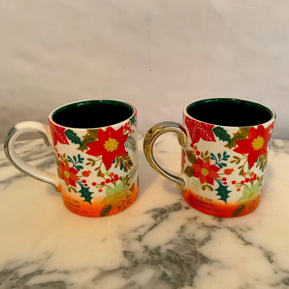 Mud Pie Set Of 2 Christmas “it’s the merriest season of all” Poinsettia Mugs